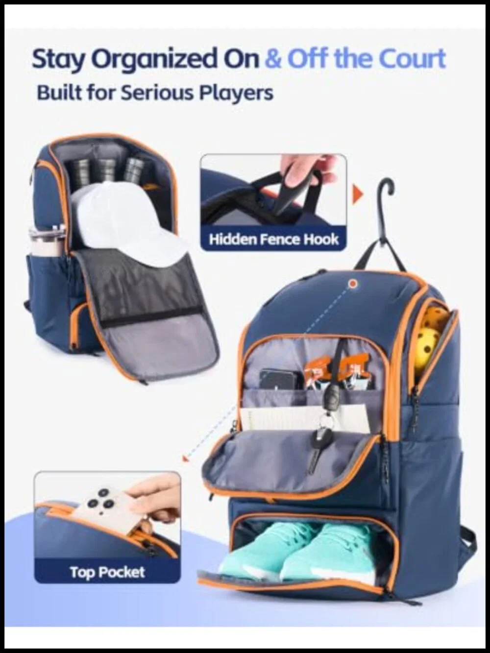 Pickleball Backpack with Detachable Paddle Sleeve, Large Capacity Sports Bag